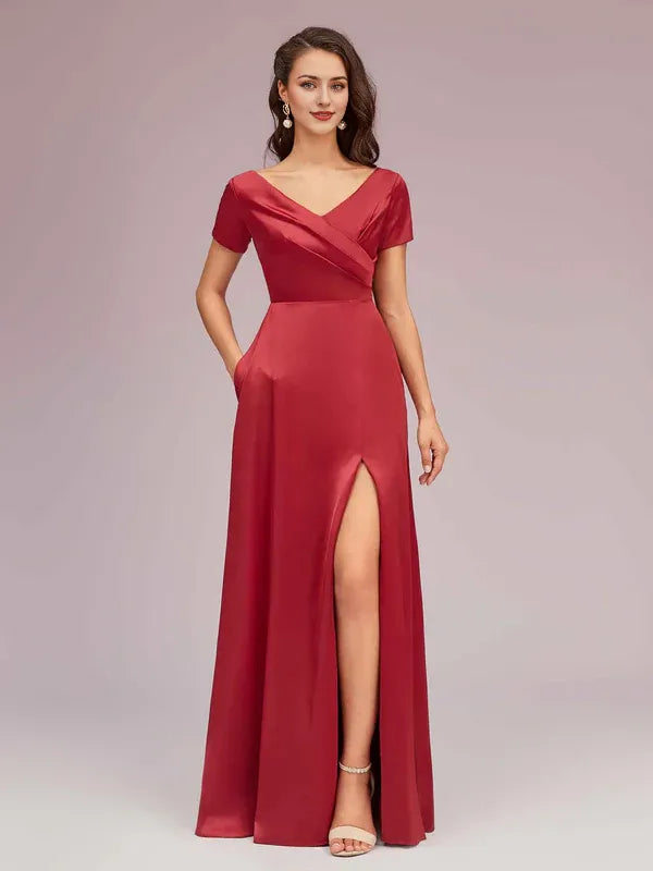 Robe Weitese élégante à col en V et manches courtes, robe longue en satin doux, robe de bal plissée avec fente